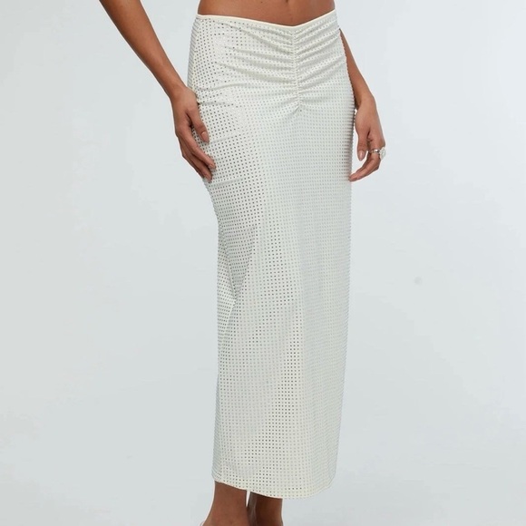 NWT WeWoreWhat Ivory Crystal Midi Skirt All-Over Rhinestone Nylon Stretch Size L - Picture 10 of 11